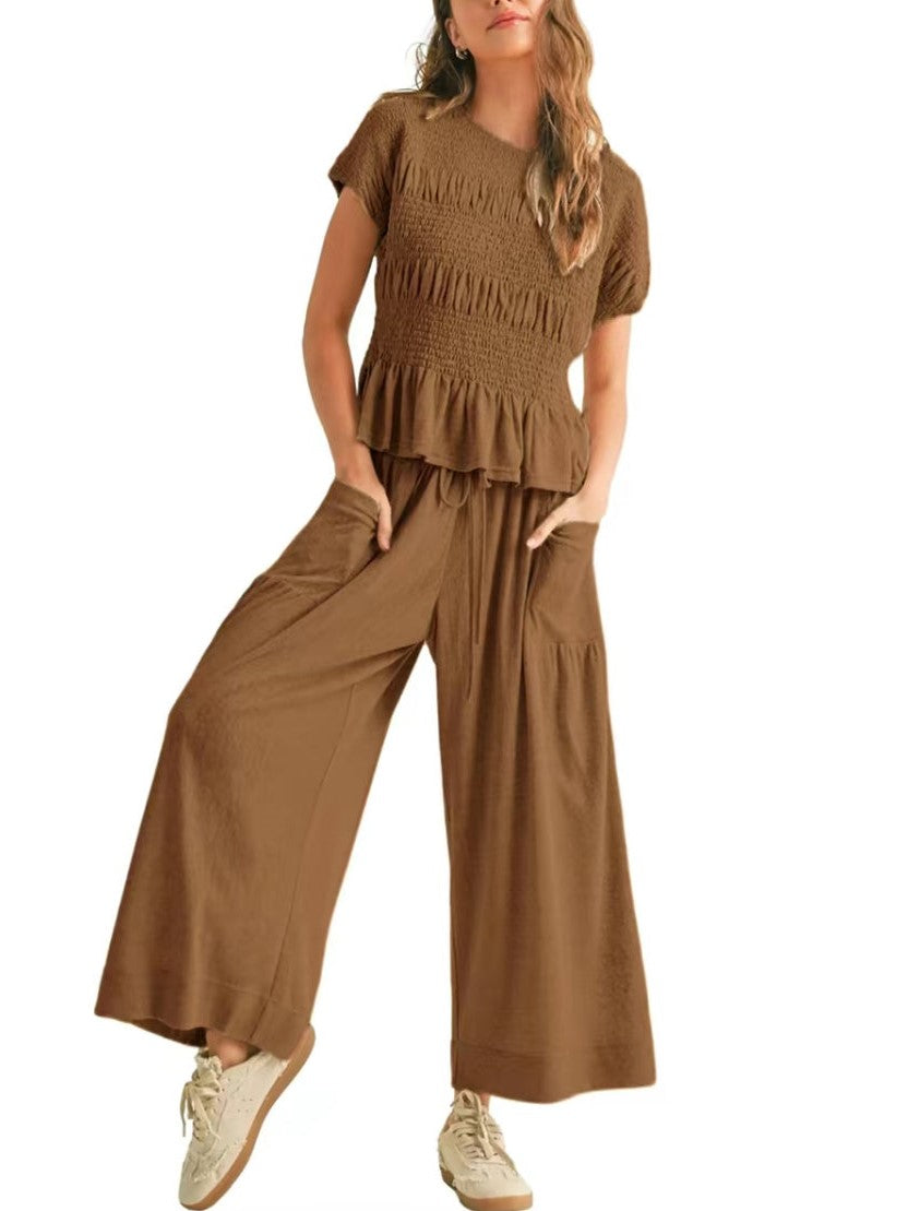 Women's Smocked Top & High Waist Wide Leg Pants Set