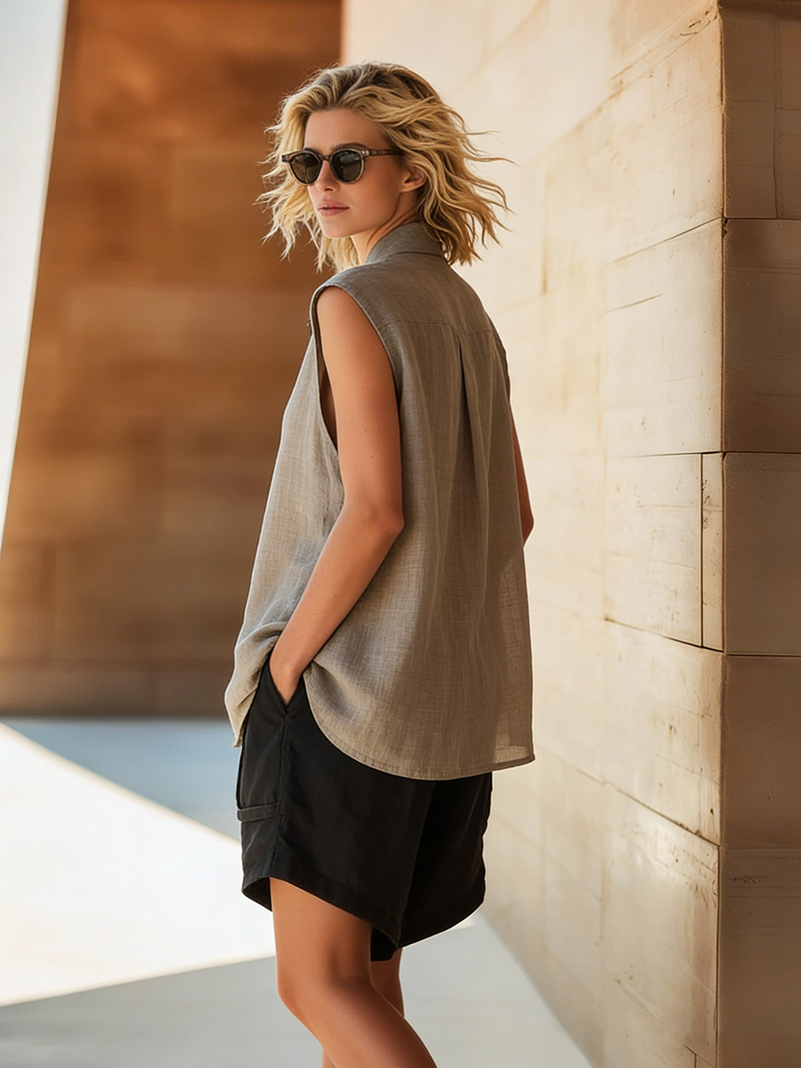 Artistic Cut Shirt & Shorts Cotton Linen Two-piece Set
