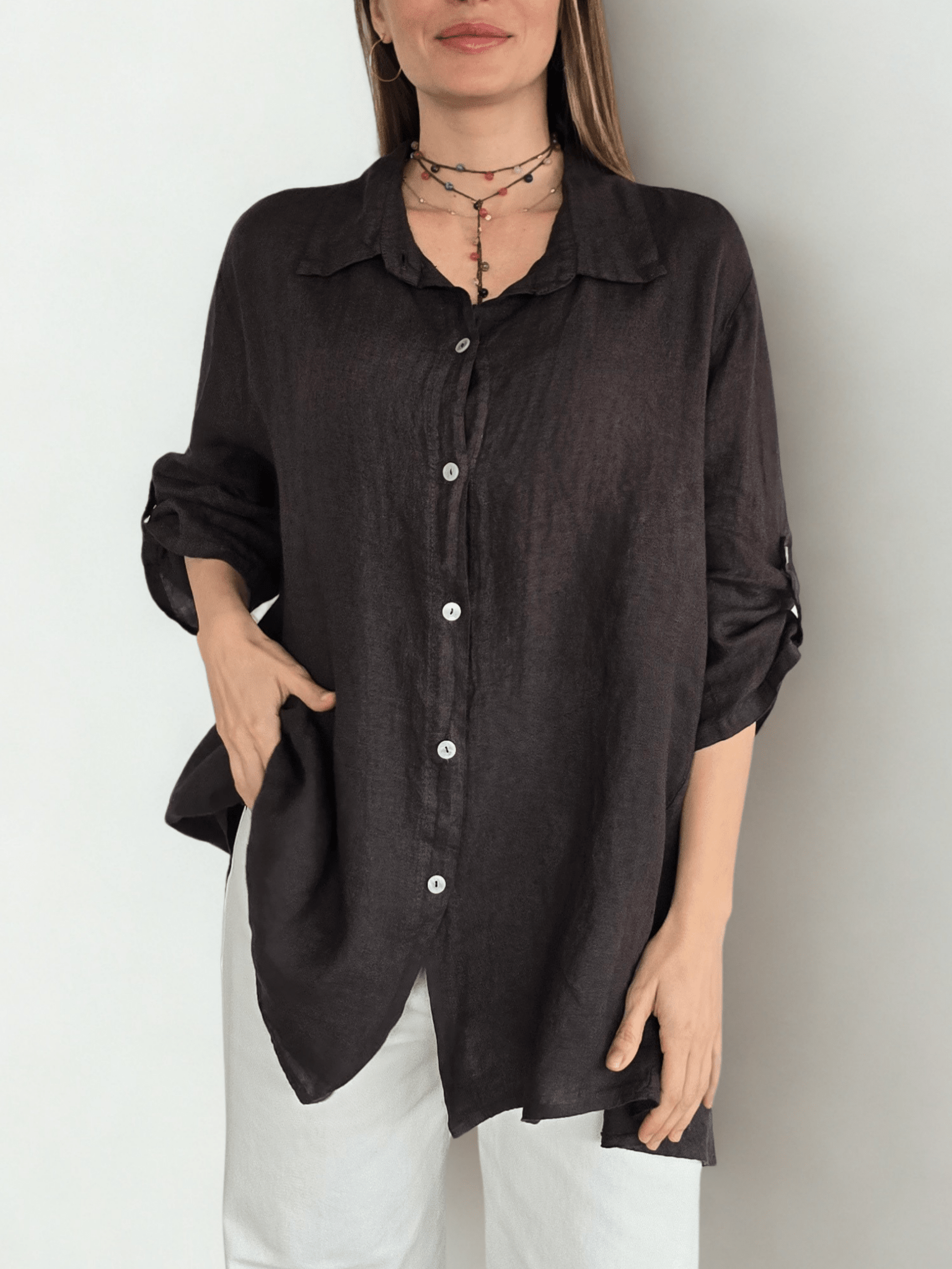 Blusa Italiana 100% lino Ancha, color Café
