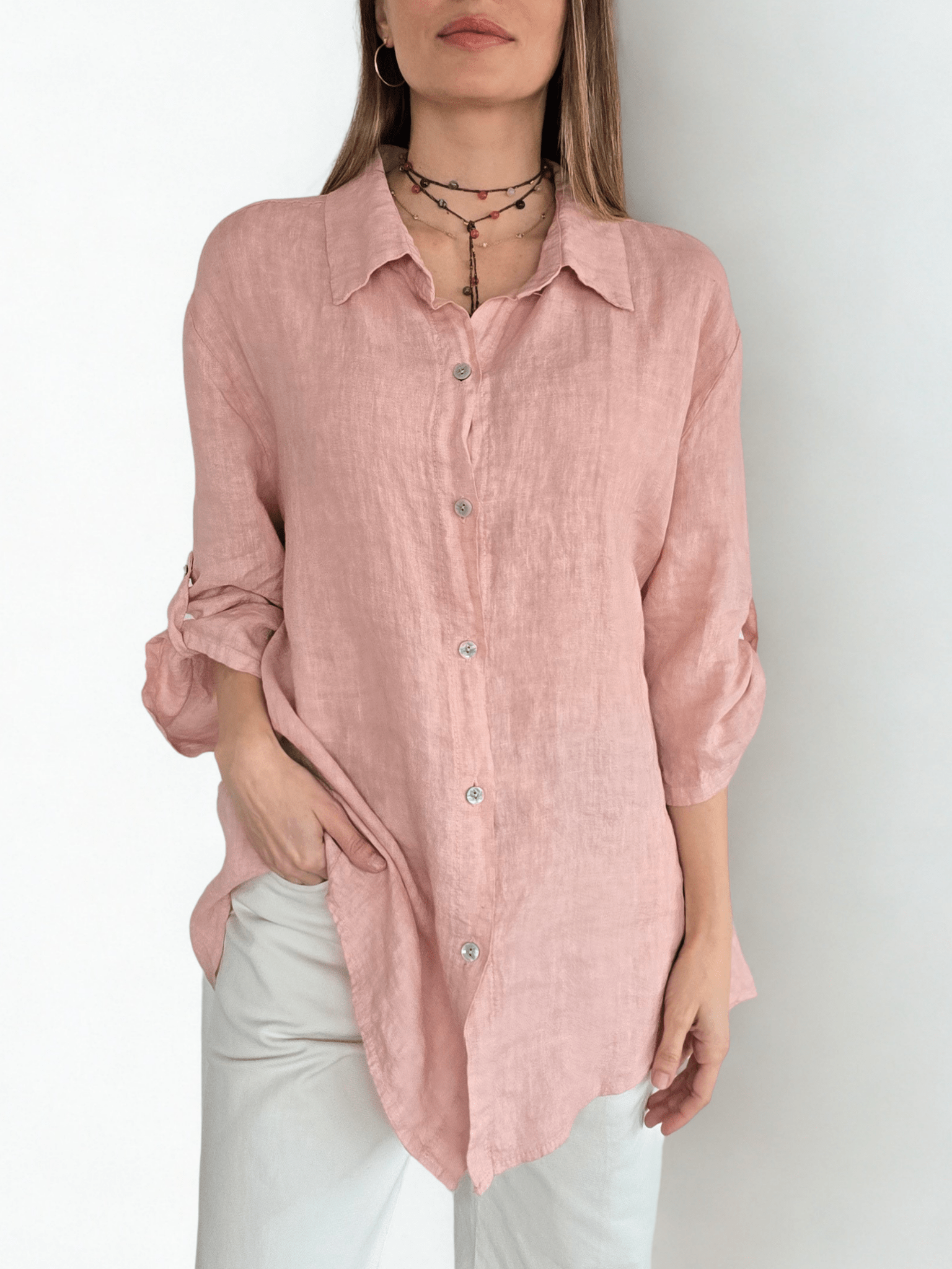 Blusa Italiana 100% lino Ancha, color Café