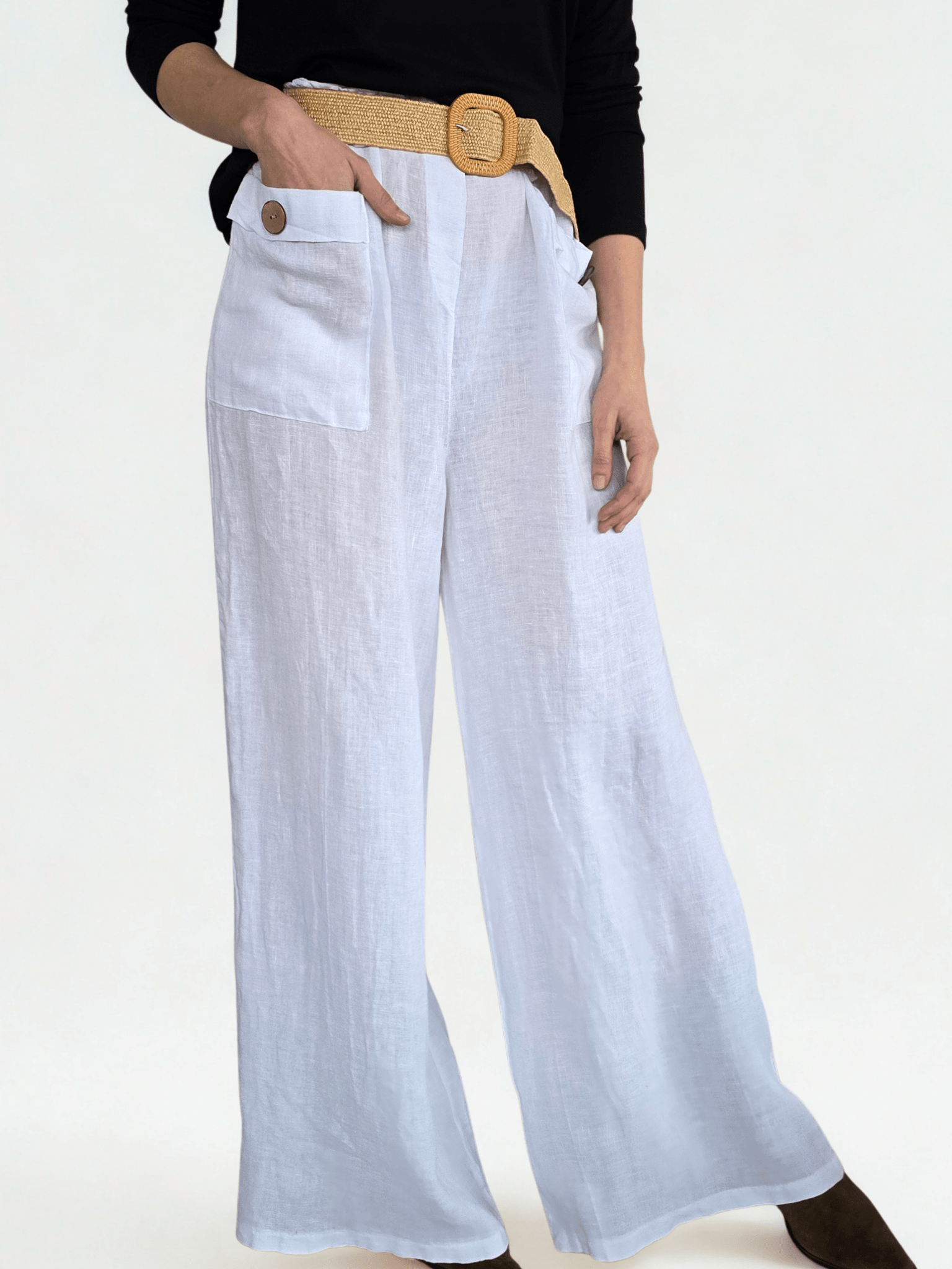 Pantalón de Lino Italiano con Cinturón, color Gris