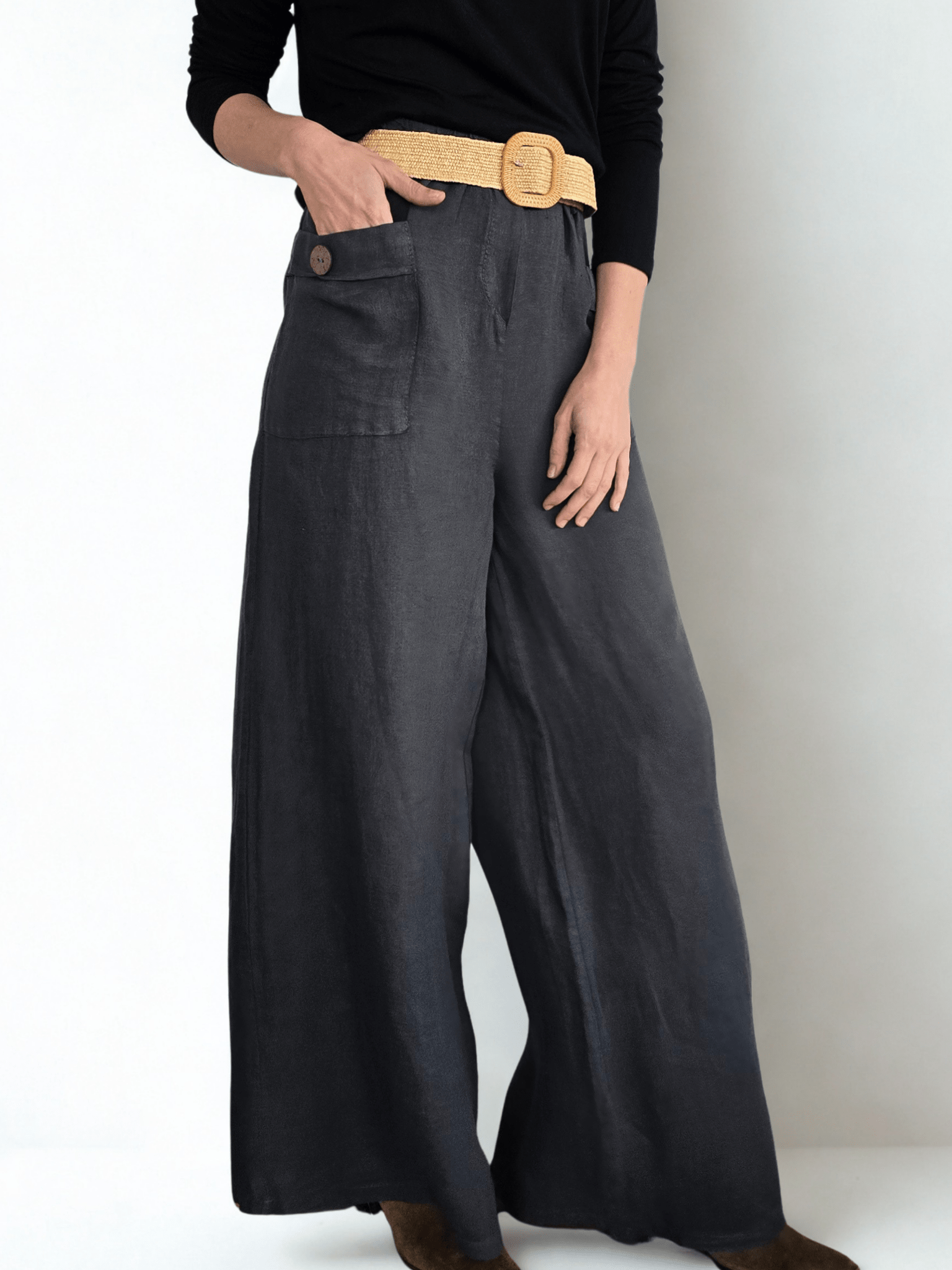 Pantalón de Lino Italiano con Cinturón, color Gris