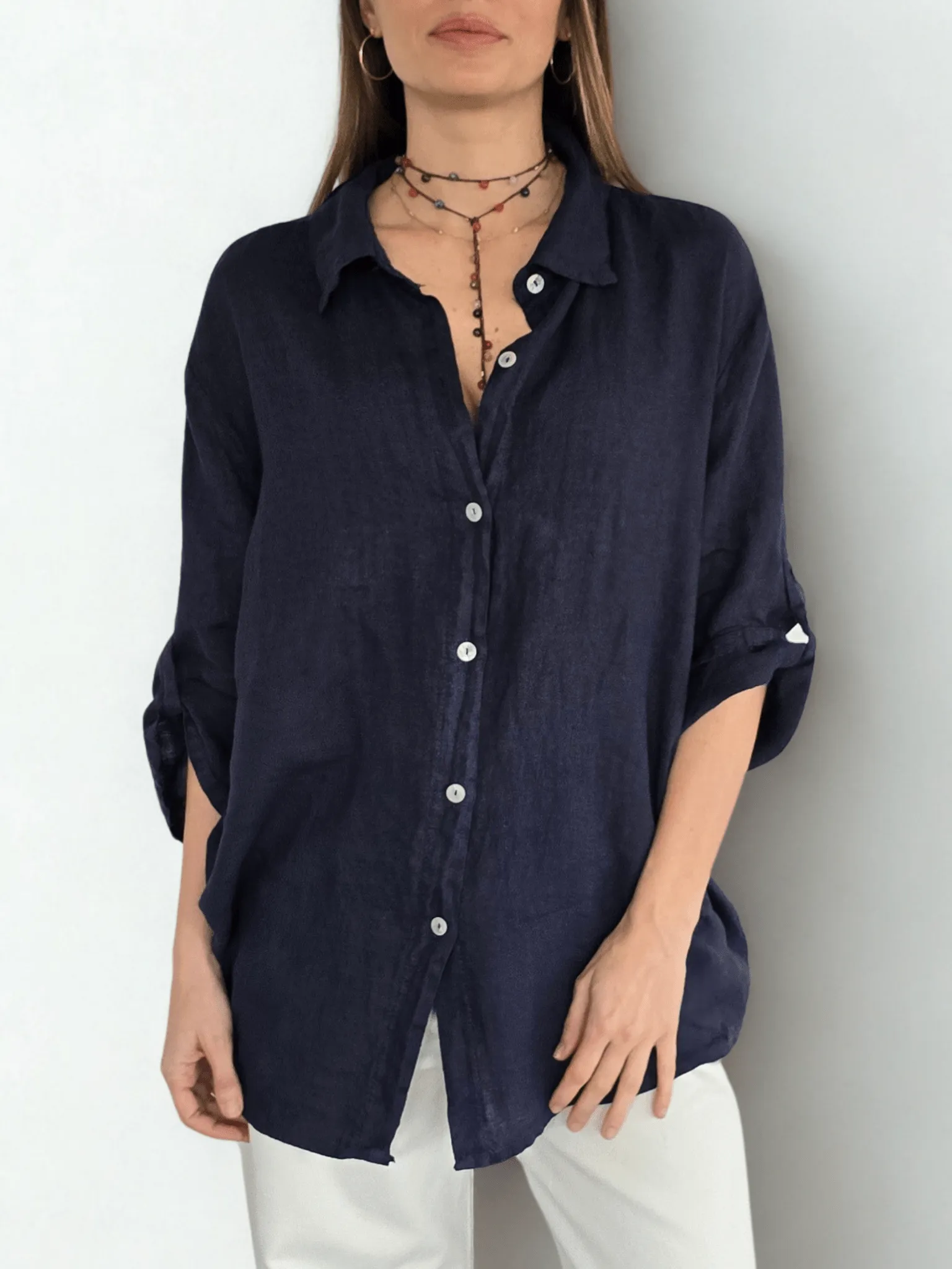 Blusa Italiana 100% lino Ancha, color Café