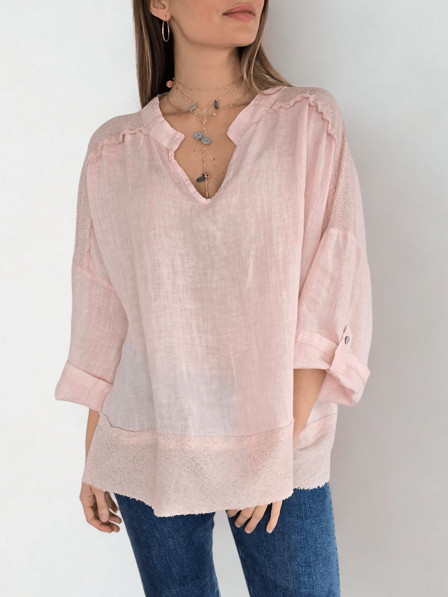 Blusa Italiana 100% lino escote en V, color Celeste