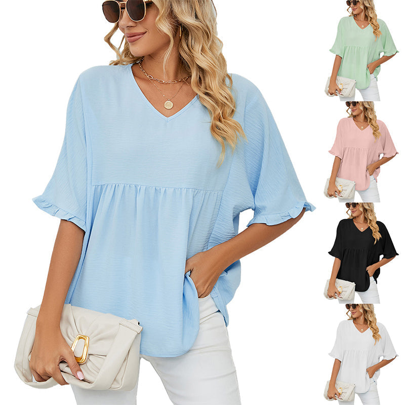 💖LAST DAY SALE 60% OFF💷👕Women's Tops Casual V Neck Ruffle Sleeve T Shirts Babydoll Loose Fit Peplum Top🌿