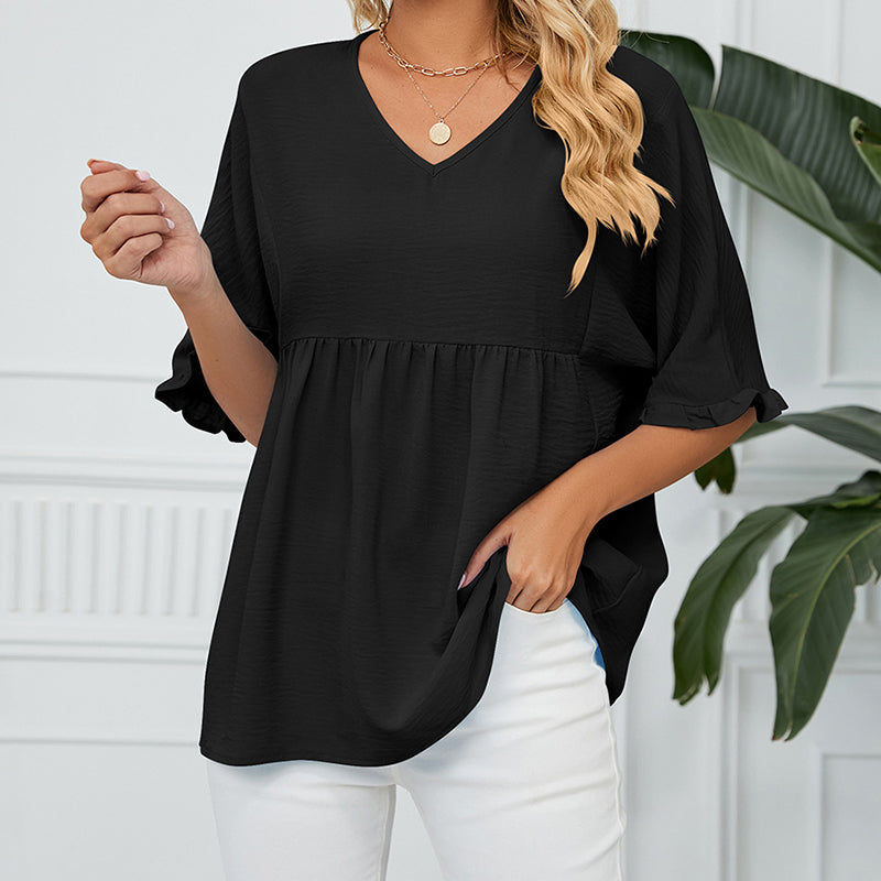 💖LAST DAY SALE 60% OFF💷👕Women's Tops Casual V Neck Ruffle Sleeve T Shirts Babydoll Loose Fit Peplum Top🌿