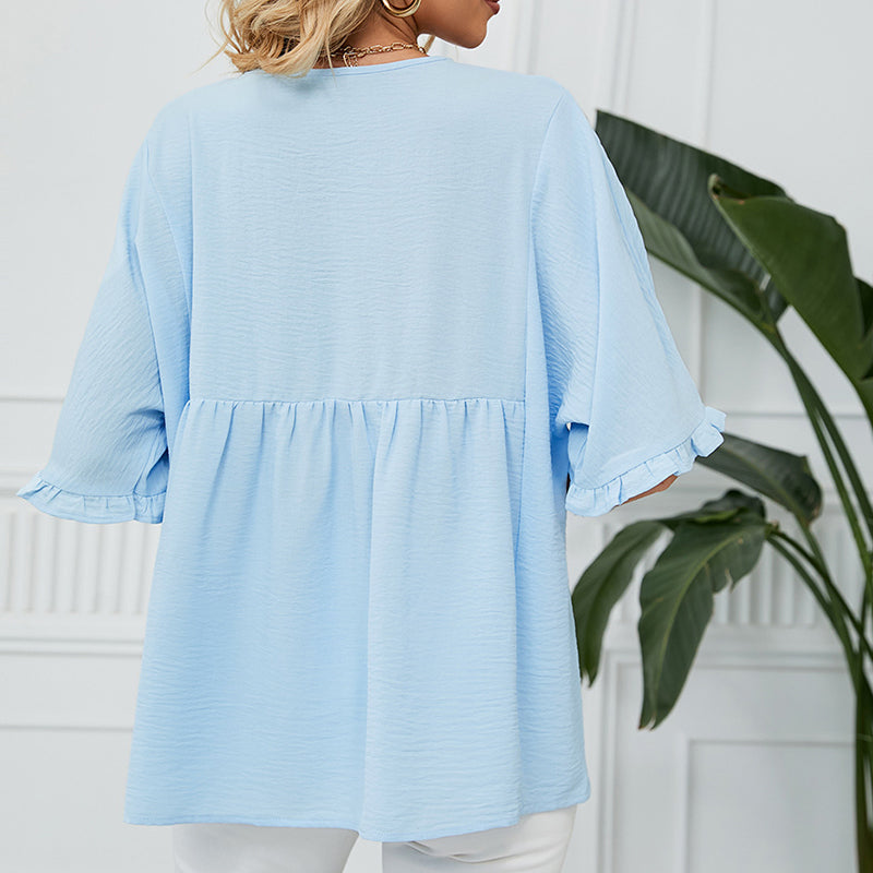 💖LAST DAY SALE 60% OFF💷👕Women's Tops Casual V Neck Ruffle Sleeve T Shirts Babydoll Loose Fit Peplum Top🌿