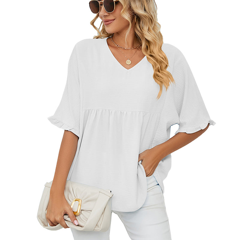 💖LAST DAY SALE 60% OFF💷👕Women's Tops Casual V Neck Ruffle Sleeve T Shirts Babydoll Loose Fit Peplum Top🌿