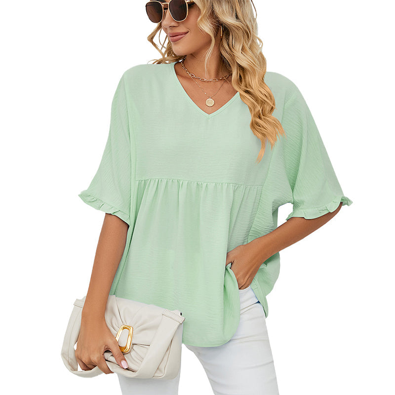 💖LAST DAY SALE 60% OFF💷👕Women's Tops Casual V Neck Ruffle Sleeve T Shirts Babydoll Loose Fit Peplum Top🌿