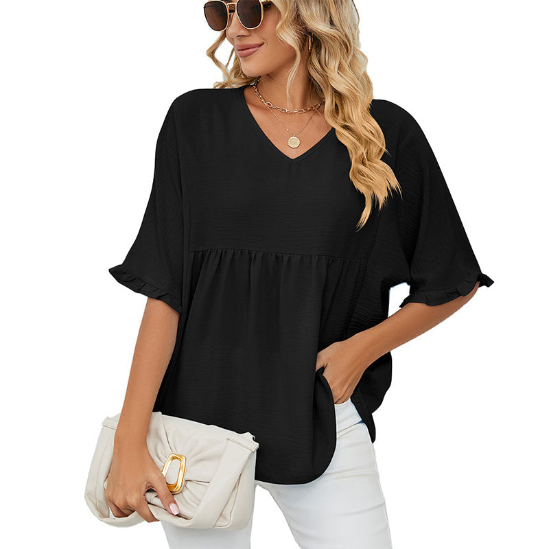 💖LAST DAY SALE 60% OFF💷👕Women's Tops Casual V Neck Ruffle Sleeve T Shirts Babydoll Loose Fit Peplum Top🌿