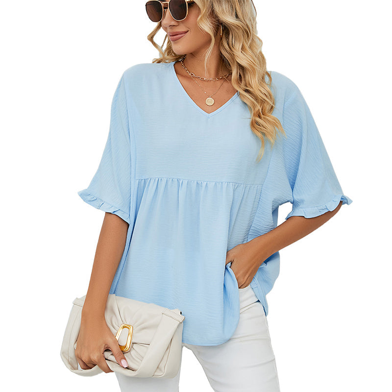 💖LAST DAY SALE 60% OFF💷👕Women's Tops Casual V Neck Ruffle Sleeve T Shirts Babydoll Loose Fit Peplum Top🌿