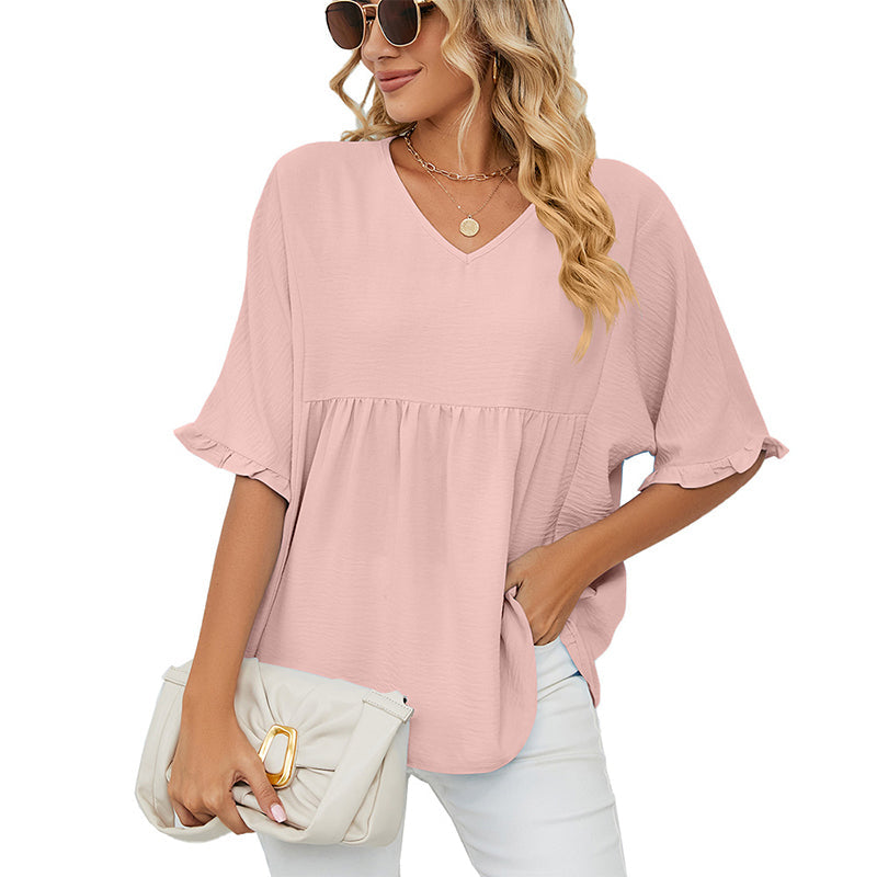 💖LAST DAY SALE 60% OFF💷👕Women's Tops Casual V Neck Ruffle Sleeve T Shirts Babydoll Loose Fit Peplum Top🌿