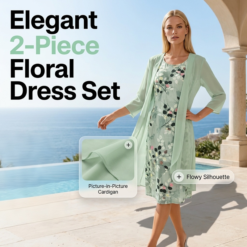 🔥CLEARANCE SALE🔥Women's Elegant Chiffon Dress & Cardigan 2-Piece Set