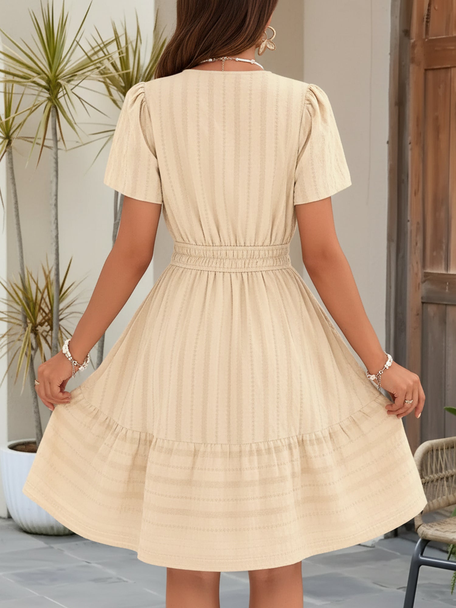 🔥Last Day 50% OFF 🌸-Cotton Notch Neck Puff Sleeve A-Line Tiered Dress
