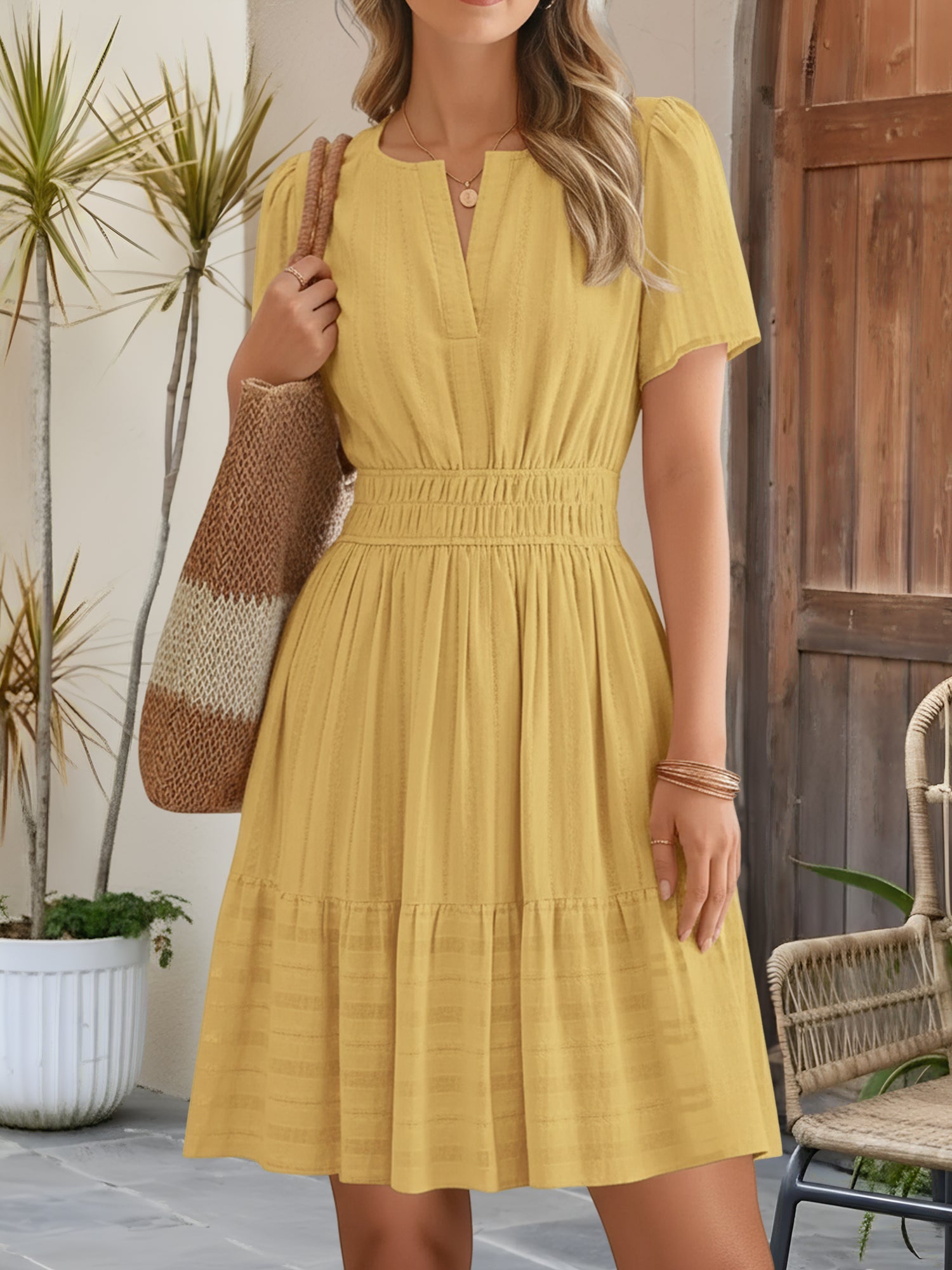 🔥Last Day 50% OFF 🌸-Cotton Notch Neck Puff Sleeve A-Line Tiered Dress