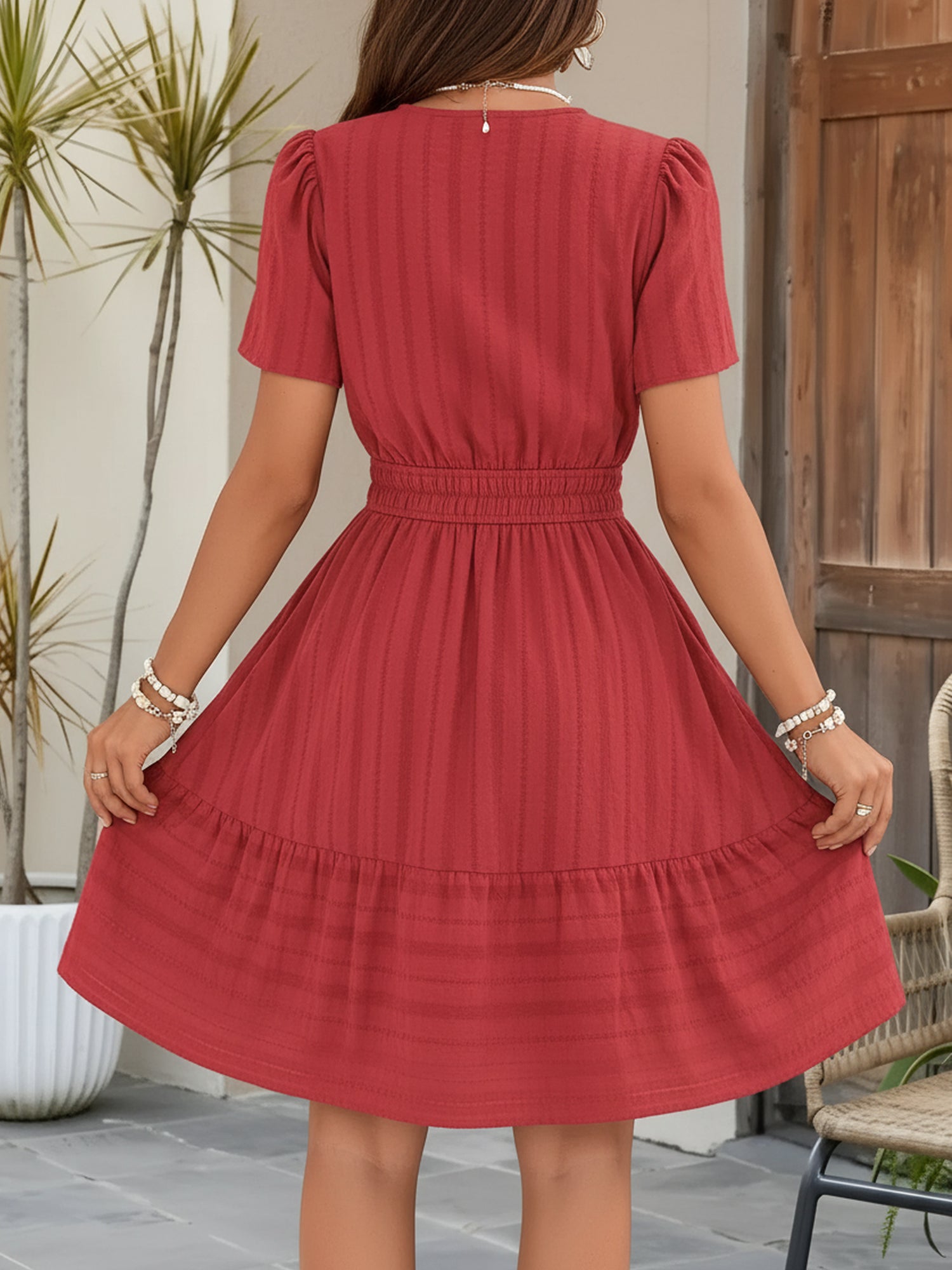 🔥Last Day 50% OFF 🌸-Cotton Notch Neck Puff Sleeve A-Line Tiered Dress