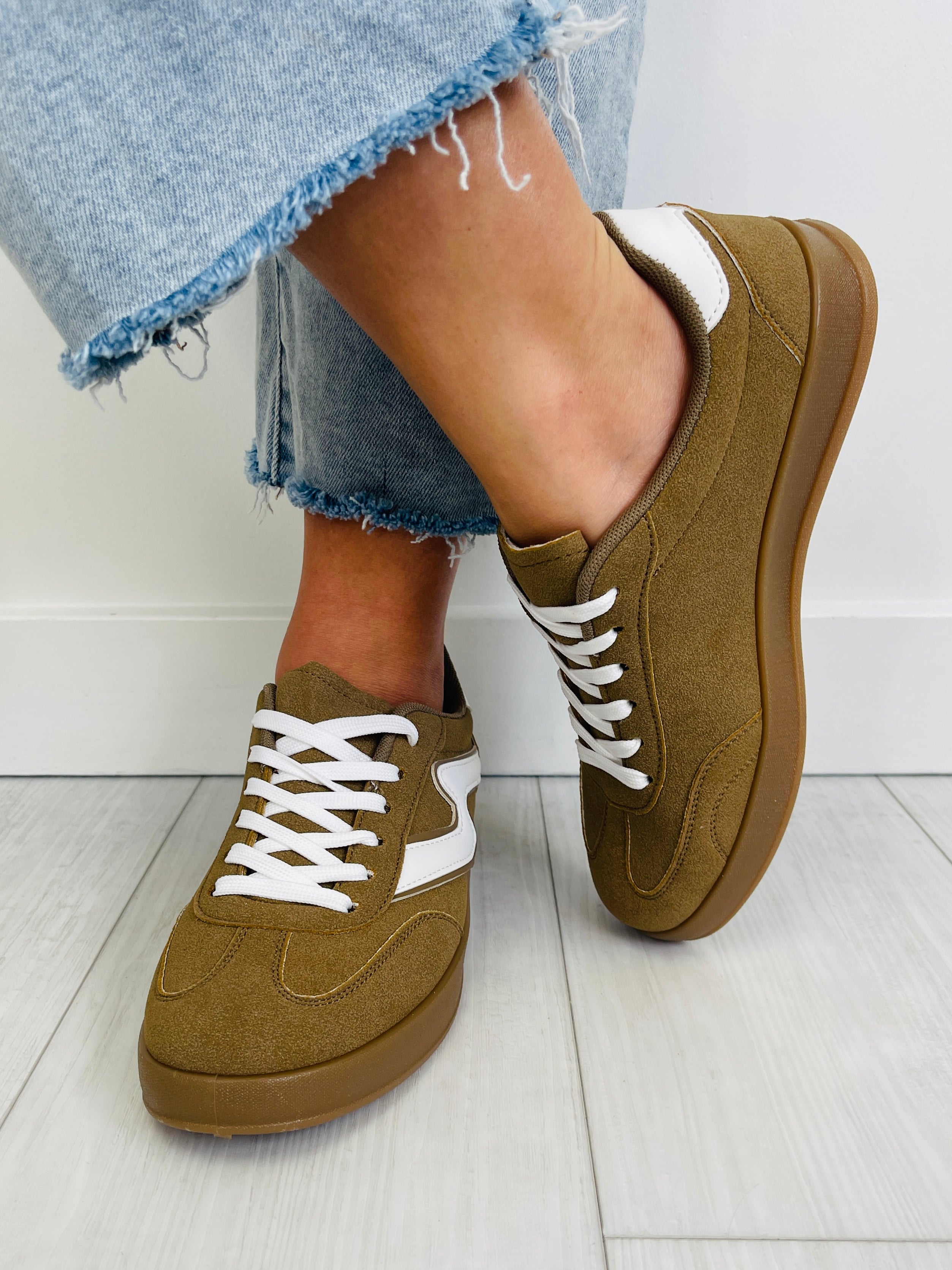 Women's Khaki White Suede-Look Sneakers - product view 3