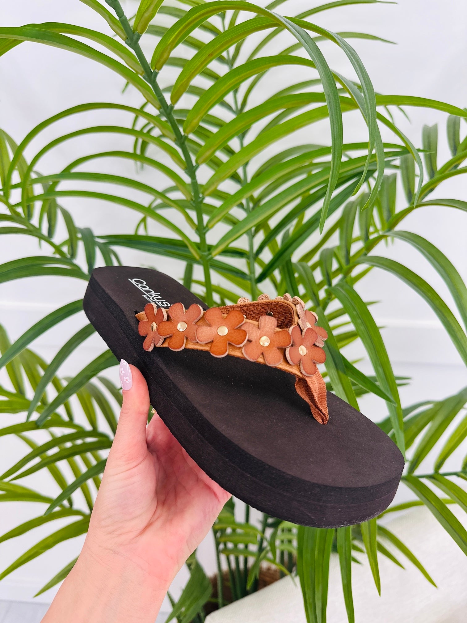 Women's Cognac Rhinestone Flip Flops - product view 1