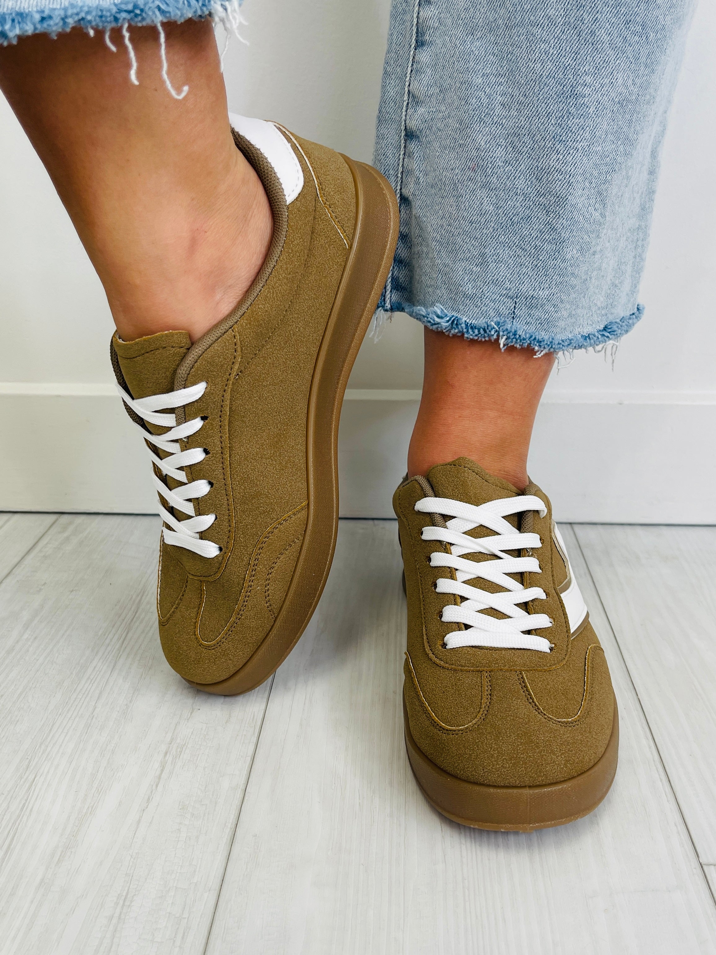 Women's Khaki White Suede-Look Sneakers - product view 4