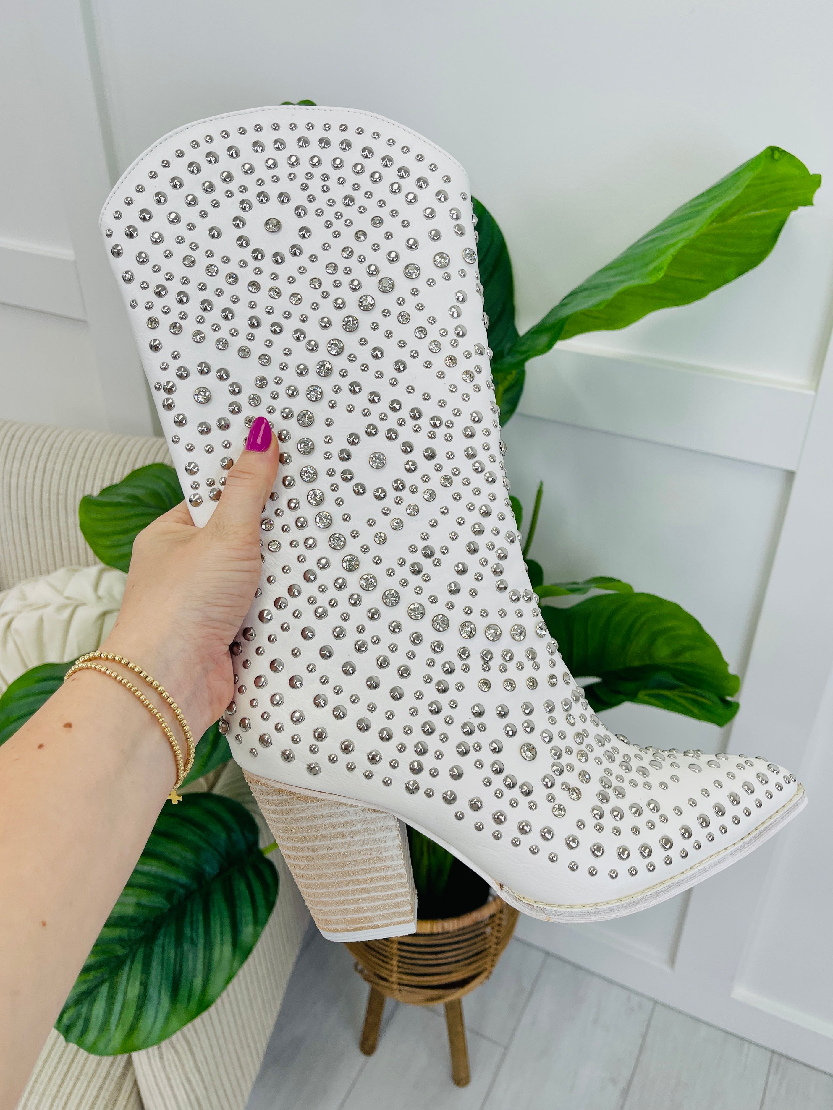 Women's White Rhinestone Boots - product view 1