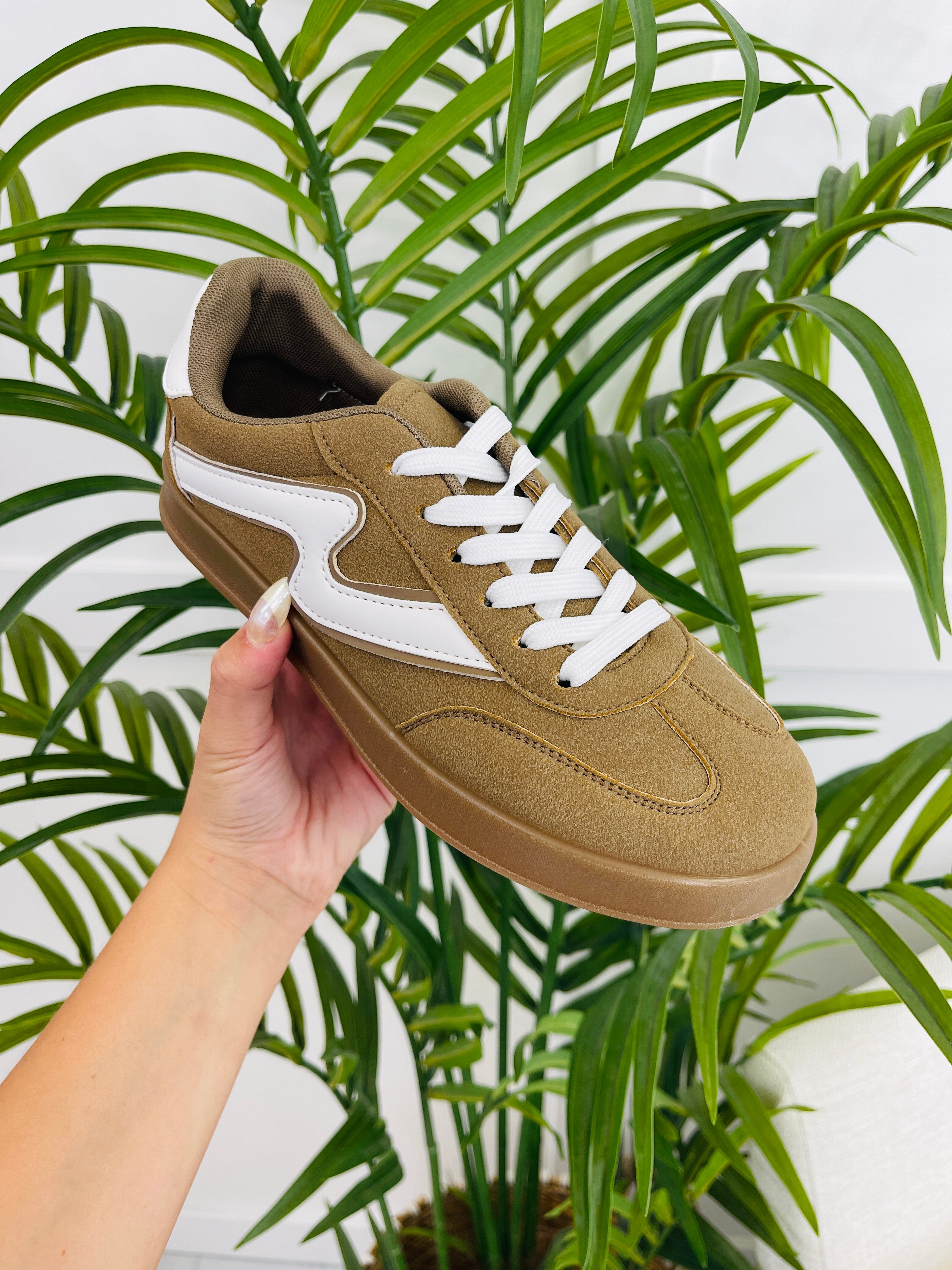 Women's Khaki White Suede-Look Sneakers - product view 1