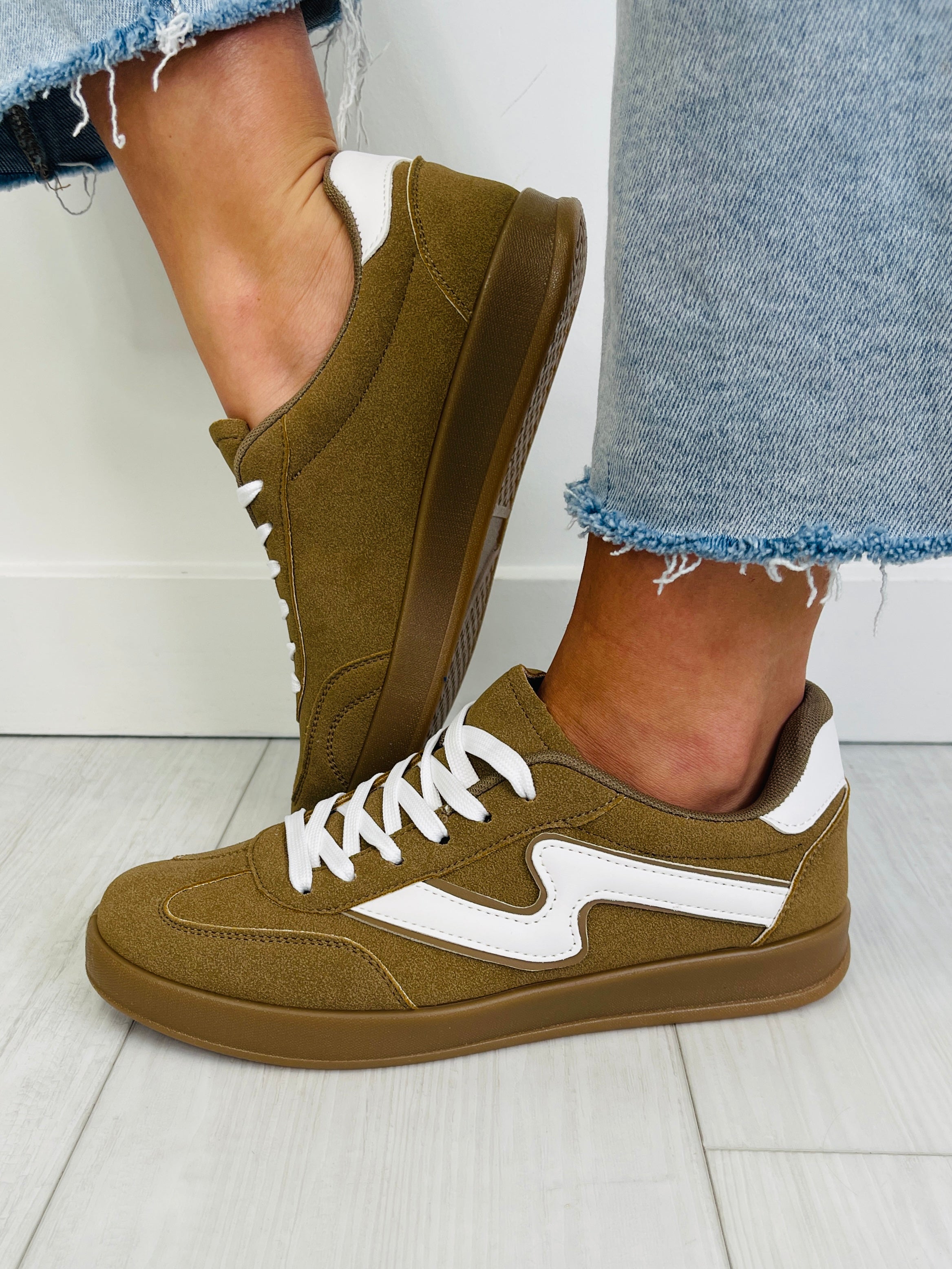 Women's Khaki White Suede-Look Sneakers - product view 2