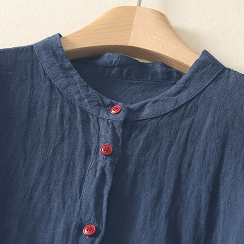 Summer Plain Red Buttons Short Sleeve Women's Shirt