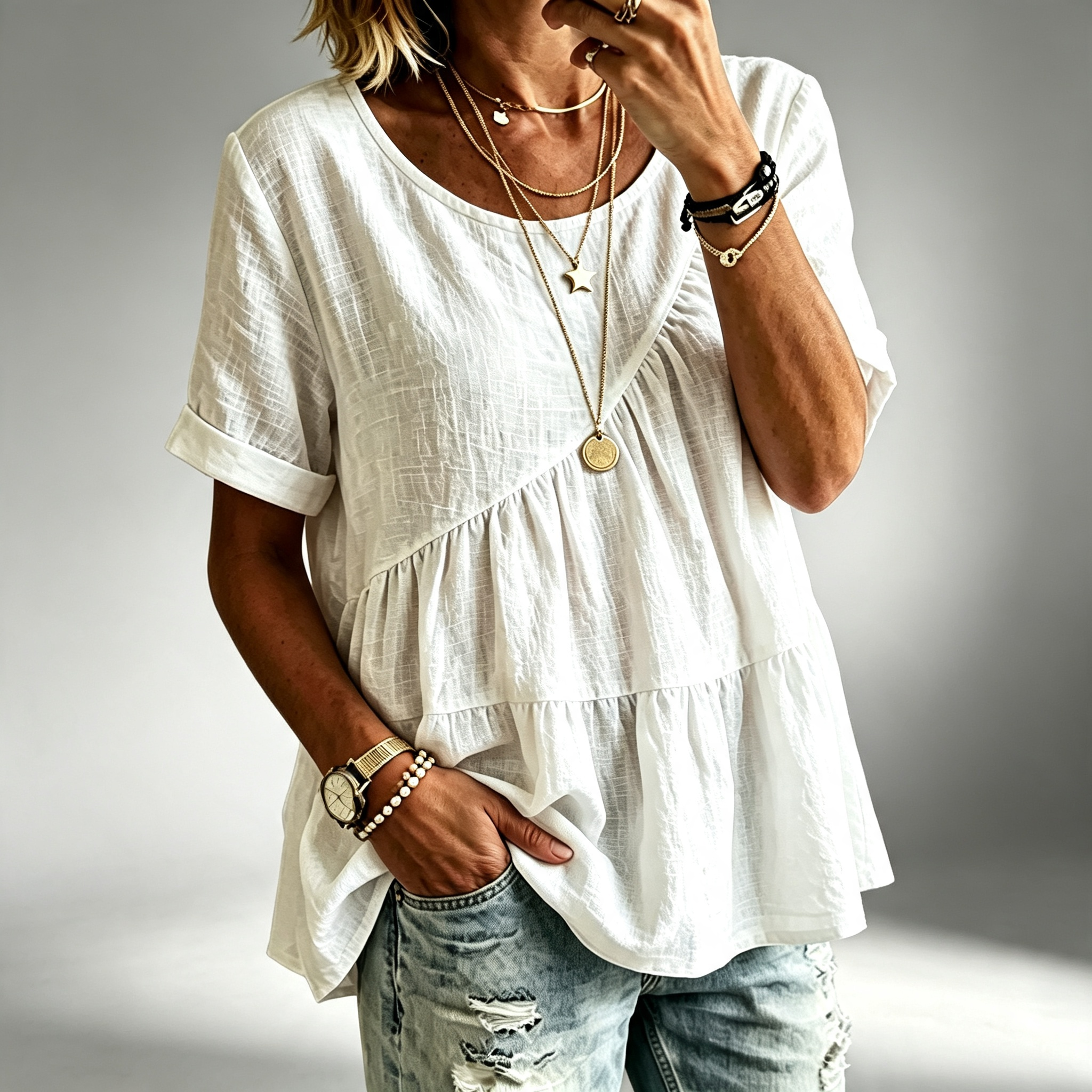 Women's Round Neck Cotton Linen Solid Color Loose Short-sleeved Shirt