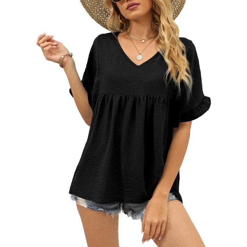 💖LAST DAY SALE 60% OFF💷👕Women's Tops Casual V Neck Ruffle Sleeve T Shirts Babydoll Loose Fit Peplum Top🌿