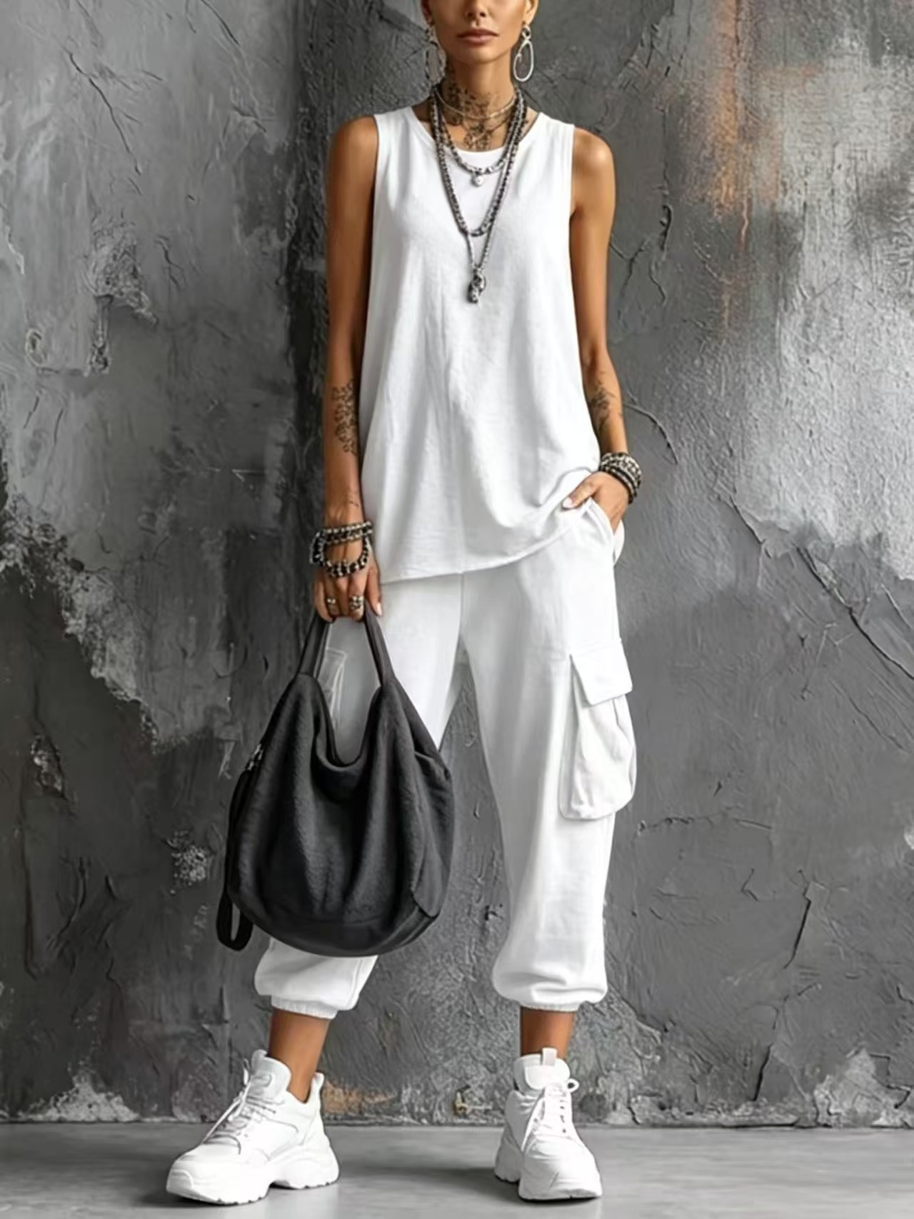 Casual Street-style Sleeveless Cotton T-shirt And Pants Two-piece Set