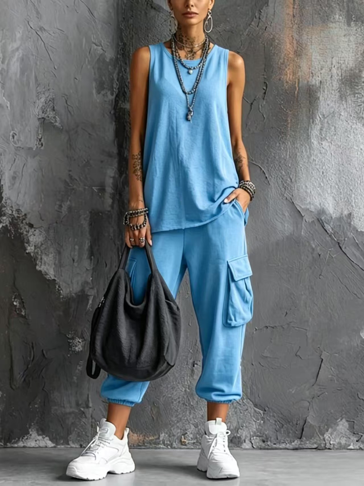 Casual Street-style Sleeveless Cotton T-shirt And Pants Two-piece Set