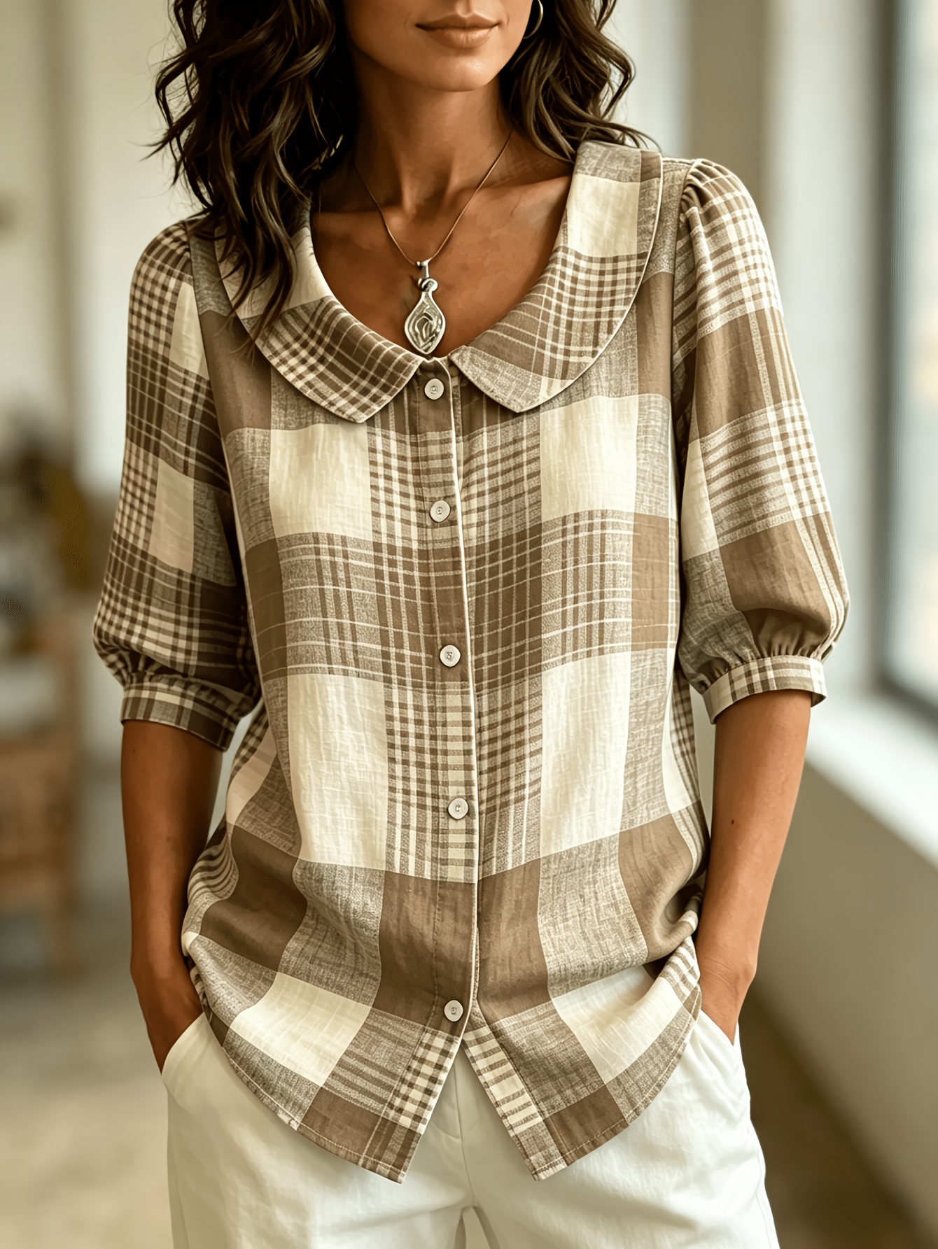 🔥CLEARANCE SALE🔥Plaid Check Button Front Blouse with Peter Pan Collar