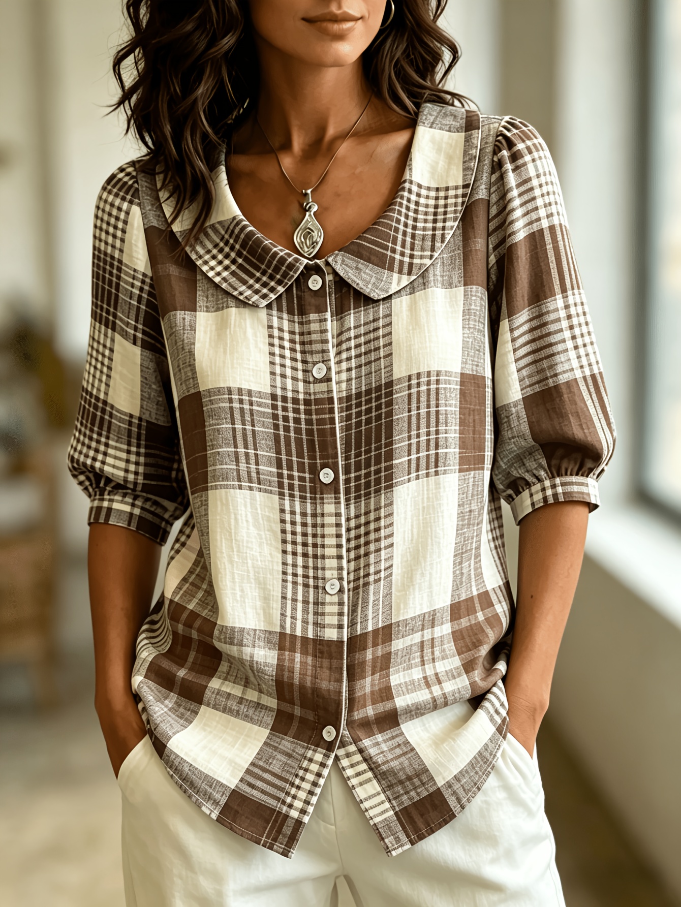 🔥CLEARANCE SALE🔥Plaid Check Button Front Blouse with Peter Pan Collar