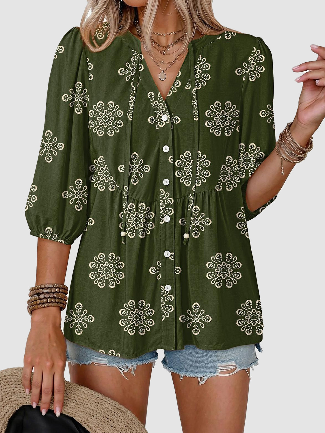 ⏰Hot Sale-Women's Boho Floral V-Neck Button-Down Peplum Blouse