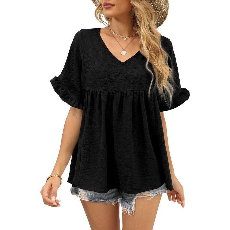 💖LAST DAY SALE 60% OFF💷👕Women's Tops Casual V Neck Ruffle Sleeve T Shirts Babydoll Loose Fit Peplum Top🌿