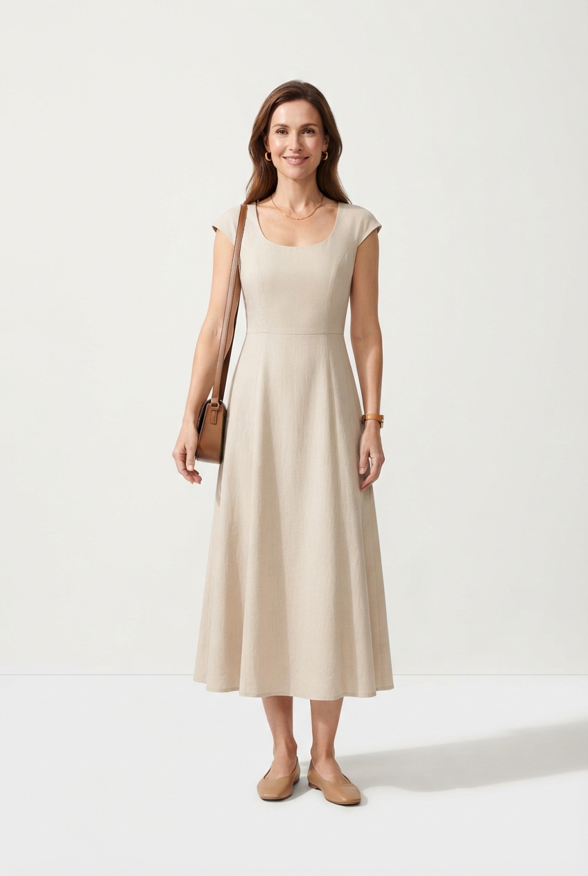 Beige midi shirt dress on model front view