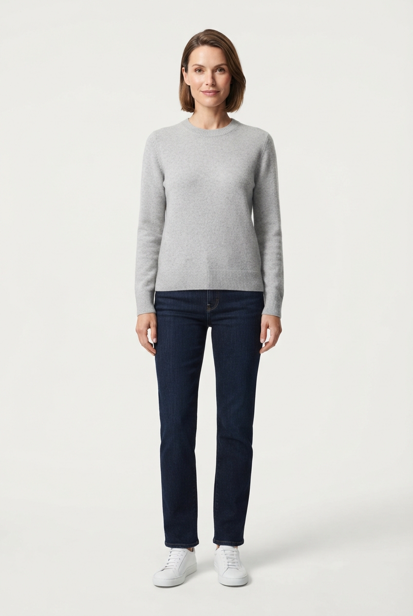 Light gray chunky knit sweater on model front view
