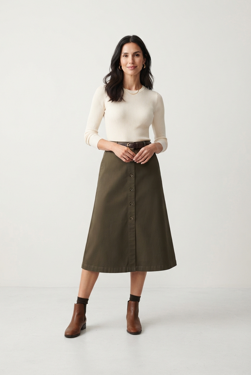 Dark khaki A-line midi skirt on model front view