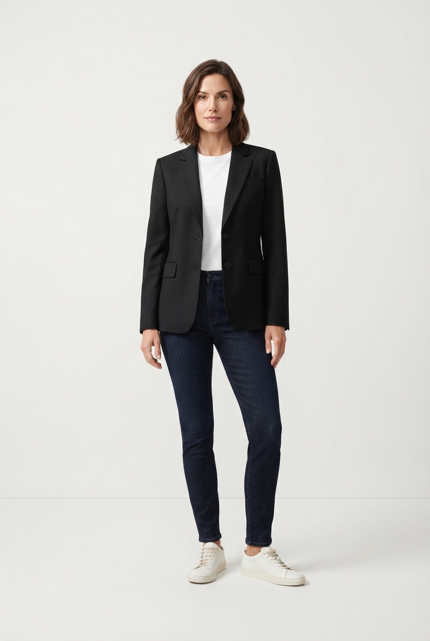 Black tailored blazer on model front view