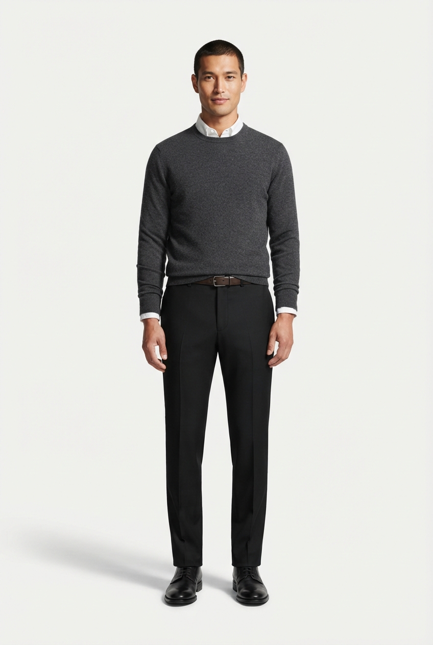 Black tailored trousers on model front view