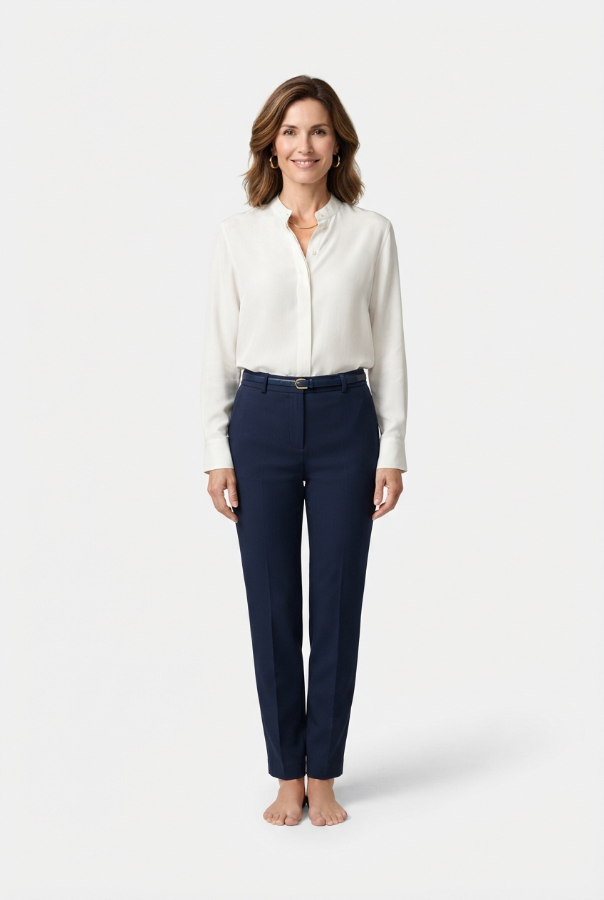 Ivory draped blouse on model front view