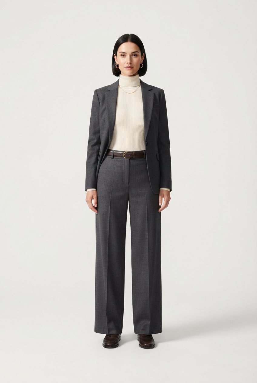 Dark gray cropped wide-leg trousers on model front view
