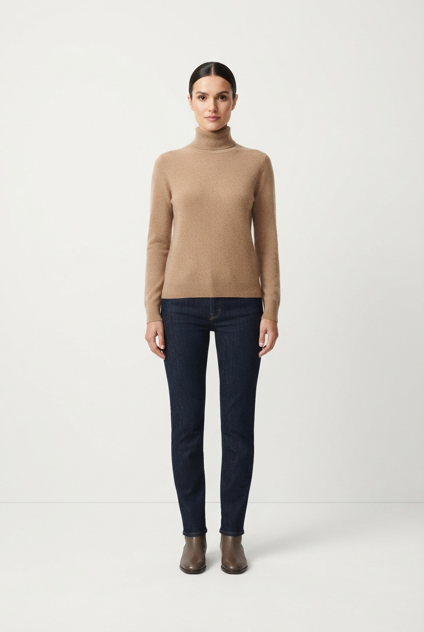 Sandy brown fine knit turtleneck on model front view