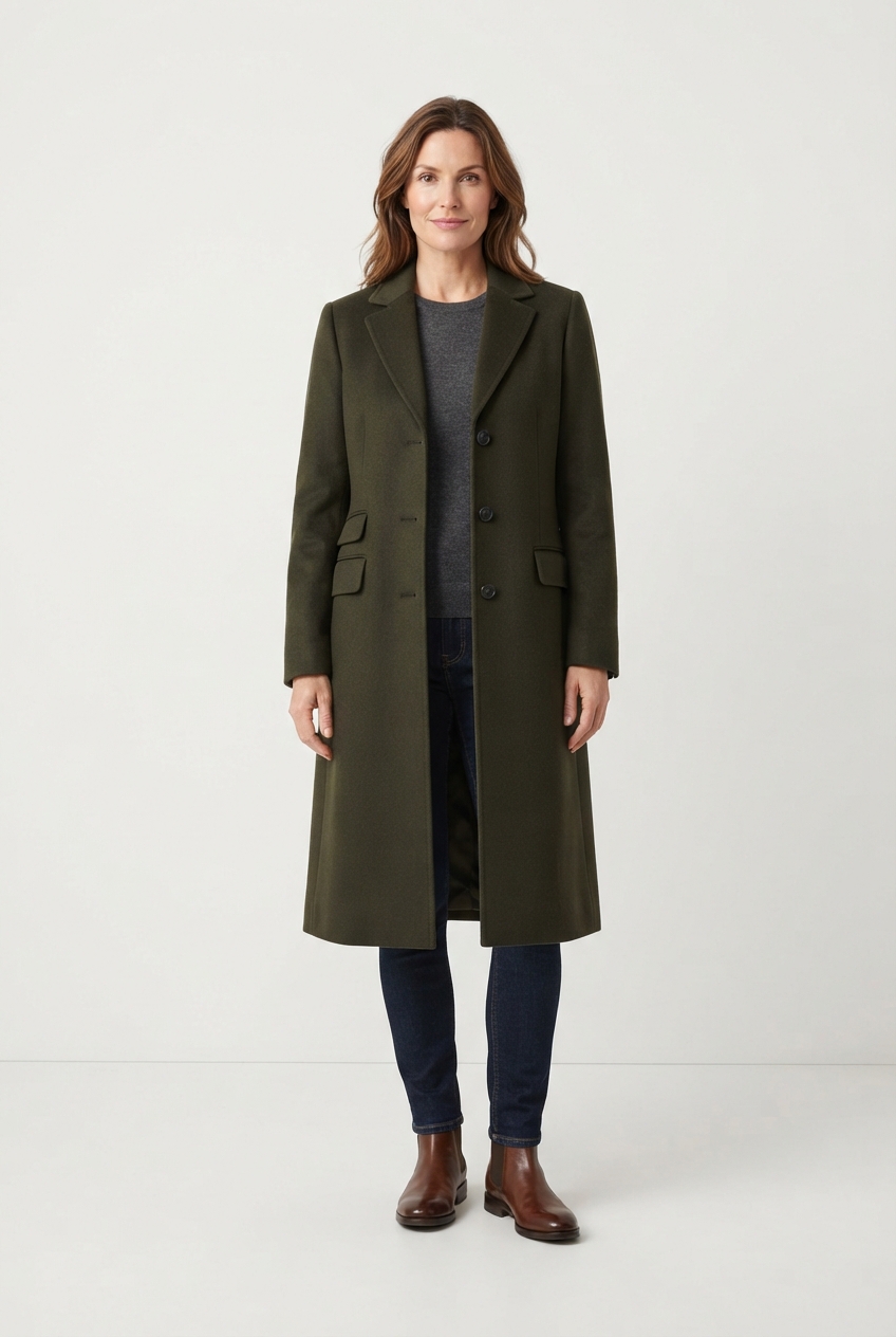 Dark olive green longline wool coat on model front view