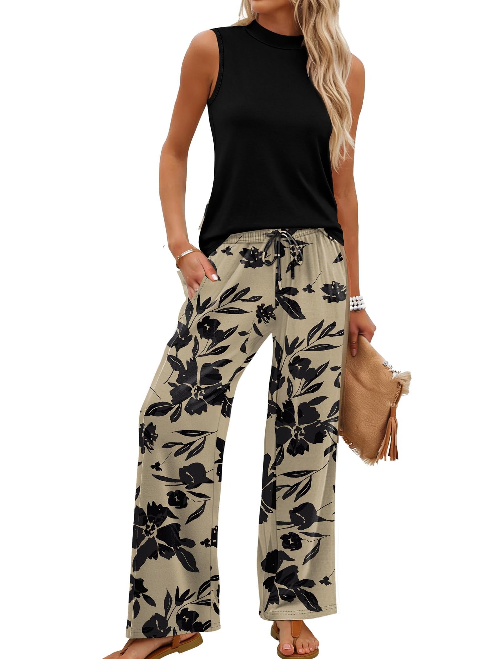 Women's Mock Neck Tank & Printed Wide Leg Pants Set