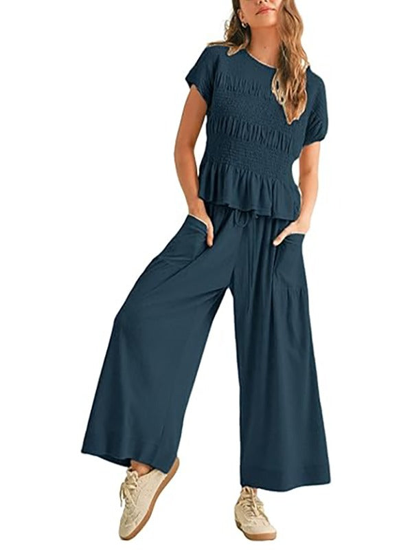 Women's Smocked Top & High Waist Wide Leg Pants Set