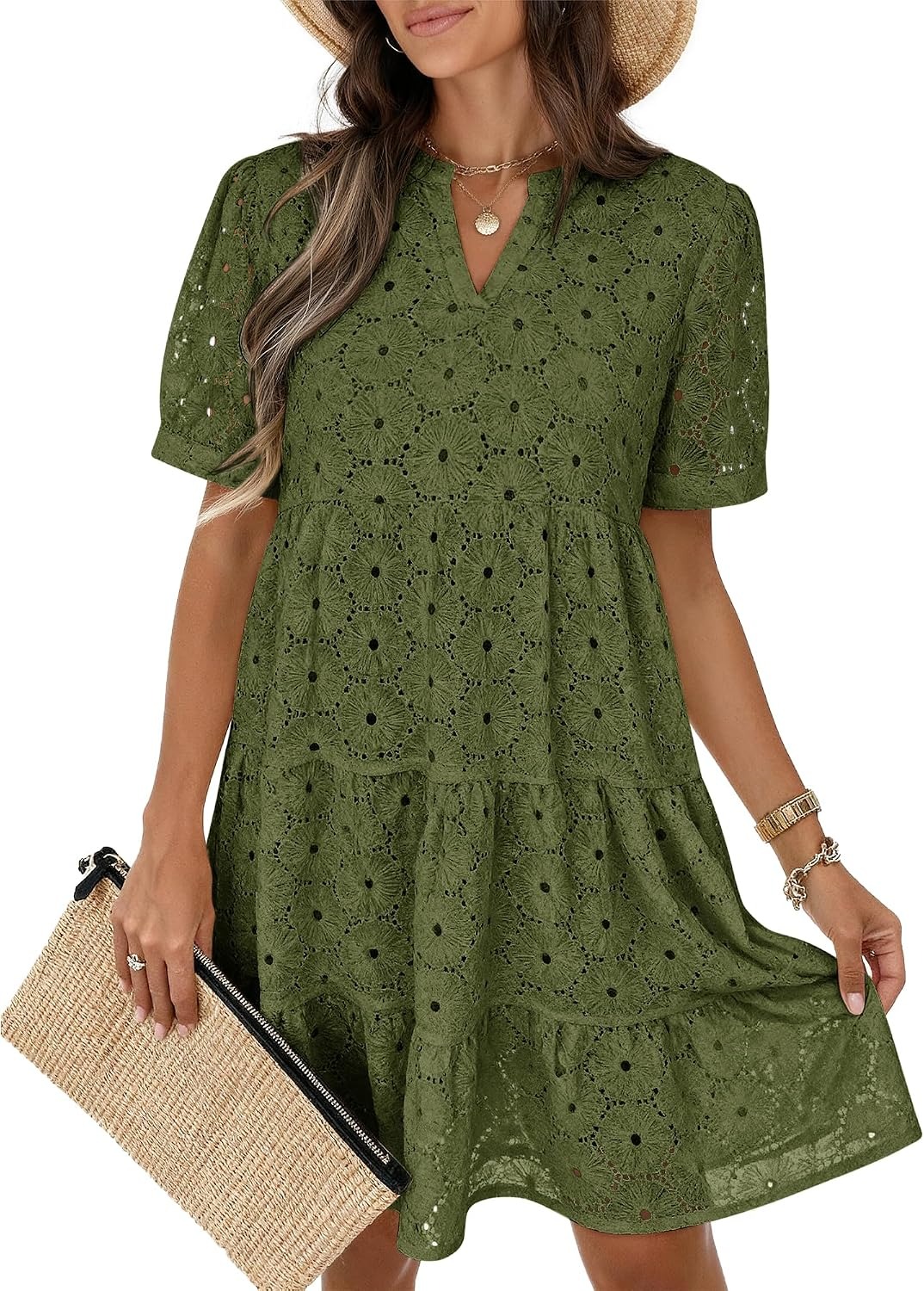 New Arrivals🔥Women’s Summer Lace Dresses Eyelet Casual Flowy Babydoll Swing Short Sleeve V Neck Tunic Dress