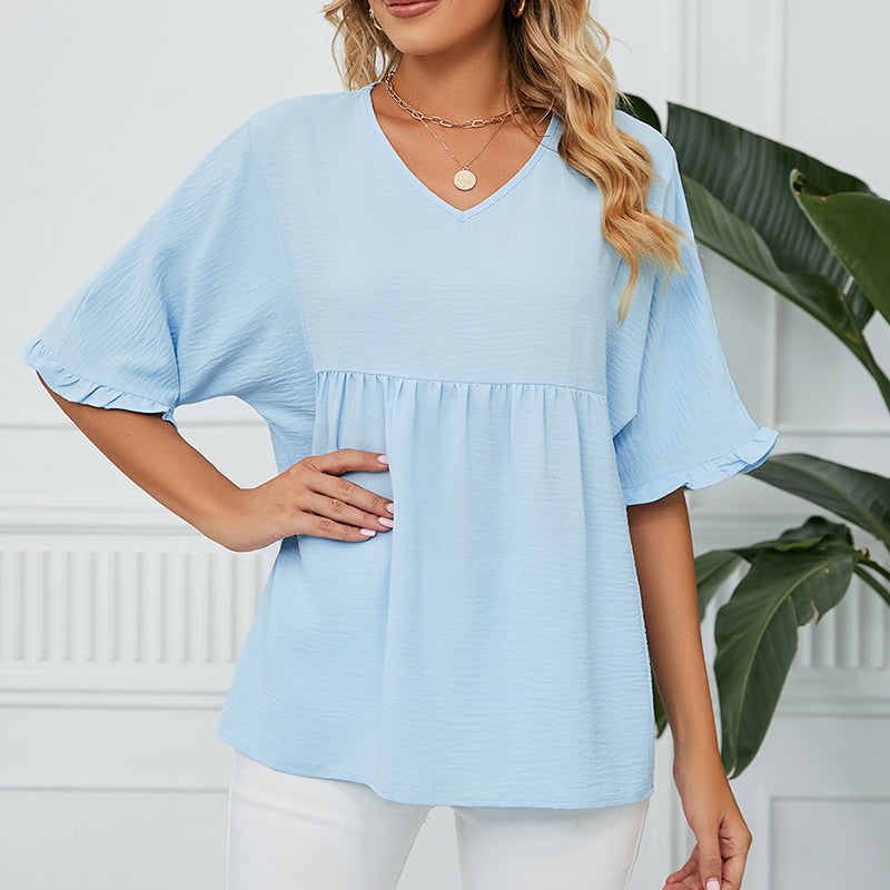 💖LAST DAY SALE 60% OFF💷👕Women's Tops Casual V Neck Ruffle Sleeve T Shirts Babydoll Loose Fit Peplum Top🌿