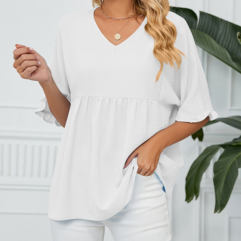 💖LAST DAY SALE 60% OFF💷👕Women's Tops Casual V Neck Ruffle Sleeve T Shirts Babydoll Loose Fit Peplum Top🌿