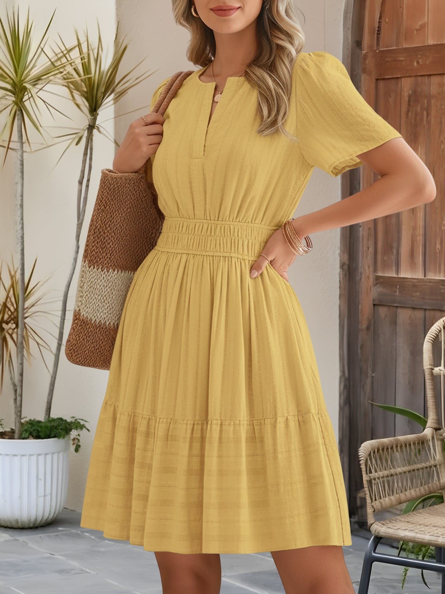 🔥Last Day 50% OFF 🌸-Cotton Notch Neck Puff Sleeve A-Line Tiered Dress